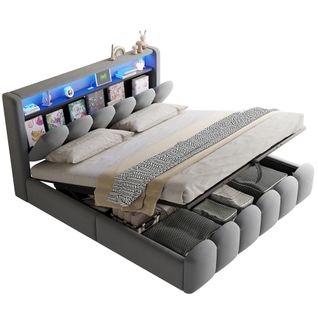 Lit Coffre Adulte 180x200 Cm Lit Double à Motif Pétale Avec LED Et Prise USB, Velours, Gris