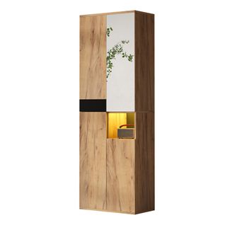 Armoire Haute 65x35x190cm, 4 Portes, 1 Niche, Avec Miroir, Couleur Bois + Noir