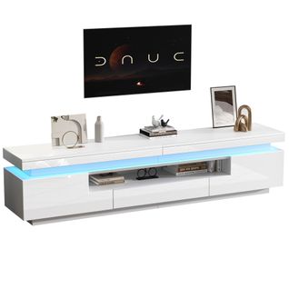 Meuble TV 175x38x45cm, 1 Tiroir, 2 Portes, 1 Niche, Avec Bande LED, Pour TV 75" Et Moins, Blanc