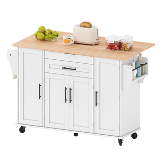 Îlot De Cuisine Mobile 136x45/70x92 Cm Avec 4 Portes, 2 Tiroirs, Plateau Extensible, Mdf, Blanc