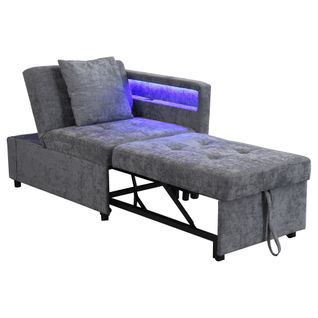 Canapé Convertible 68×177×65 Cm 1 Place Avec LED, USB/type-c, Dossier Réglable, En Lin, Gris Clair