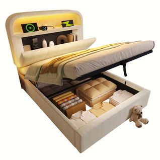 Lit Coffre Simple 90x200cm Avec Tête De Lit Réglable Et Rangement, LED Et Charge USB, Velours Beige