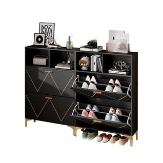 Meuble à Chaussures Double, 4 Portes Abattantes, 4 Compartiments Ouverts, Mdf, Noir + Doré