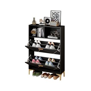 Meuble à Chaussures, 80 X 25 X 117 Cm, Avec 2 Portes Abattantes, 2 Niches, Mdf + Métal, Noir + Doré