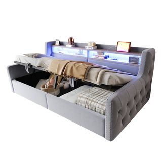 Lit Coffre Enfant 90x200 Cm Avec Éclairage LED, Rangement, Prises USB-c, Velours, Gris Clair