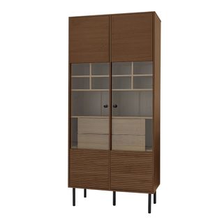 Armoire Vitrine 120x40x180 Cm, 4 Tiroirs, 2 Portes Vitrées Et Étagères Réglables, Mdf, Couleur Noyer