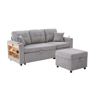 Canapé Convertible 3 Places 196x82/144x85 Cm, LED, USB-c, Porte-verres, En Tissu, Gris Clair