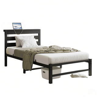 Lit Enfant 90x200 Cm Avec Éclairage LED, USB, Espace De Rangement, En Métal Et Bois, Noir