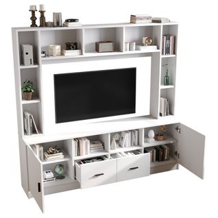 Meuble TV 180 Cm 2 Portes, 2 Tiroirs Et 11 Compartiments, Blanc Panneaux Particules, Téléviseurs 60″