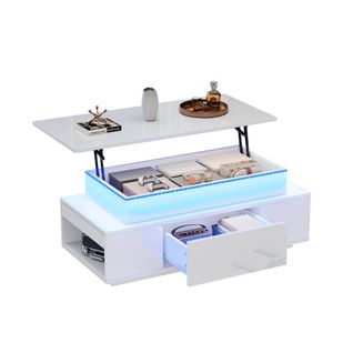 Table Basse Relevable 96x45x40 Cm Avec 1 Tiroir, LED, Rangement Caché, En Panneaux Particules, Blanc