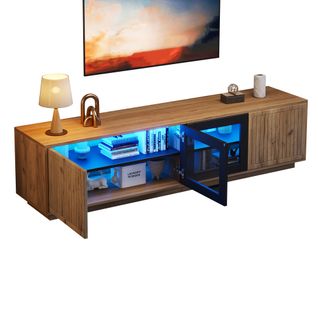 Meuble TV 180cm LED Coloré 2 Portes Verre Panneau Particules Couleur Chêne Noir