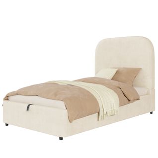 Lit Coffre Enfant 90x200 Cm Avec Tête De Lit Et Sommier, Velours, Beige