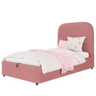 Lit Coffre Enfant 90x200 Cm Avec Tête De Lit Et Sommier, Velours, Rose