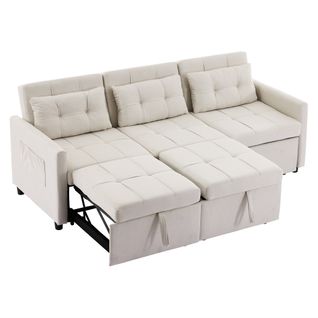 Canapé Convertible 3 Places 200 Cm, Dossier Inclinable 180°, 7 Configurations, Beige