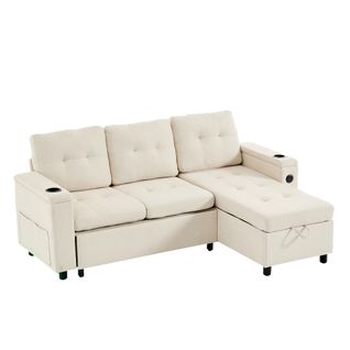 Canapé Angle Convertible 3 Places Avec LED, USB, Porte-gobelets, Poches Latérales, Tissu, Beige