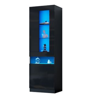 Vitrine LED 50x40x180 Cm 2 Portes, 2 Étagères Verre, Panneaux Particules, Noir Brillant