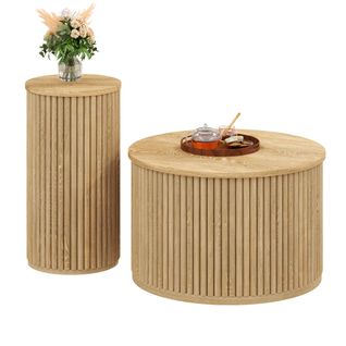 Lot De 2 Table Basse Ronde Modulable Avec Lattes Décor Bois, En Mdf, Couleur Naturel
