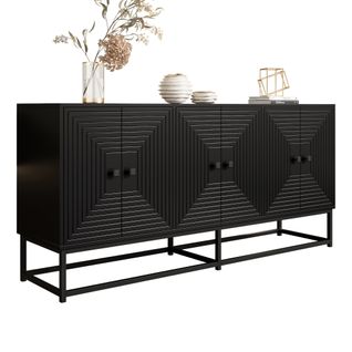 Buffet 6 Portes 160x38x75.5 Cm Design Mat Noir Panneaux Particule Pieds Noir