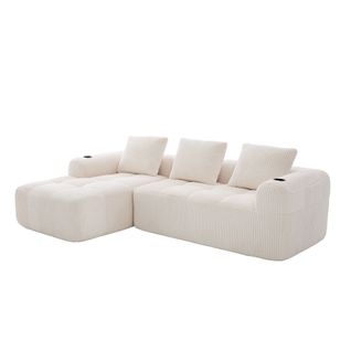 Canapé D'angle 253×158×61 Cm Avec Poches Latérales, Porte-gobelets, 3 Coussins, En Tissu, Beige