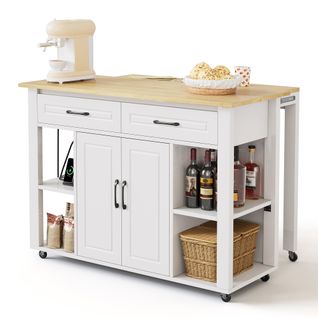 Îlot De Cuisine Extensible 120x77x93 Cm Avec 2 Tiroirs, 2 Portes, Roulettes, Étagères, Mdf, Blanc