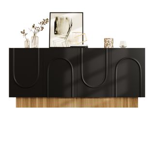 Buffet 4 Portes 160x75x38 Cm - Grand Rangement - Panneaux Particule Noir/bois - Design U Relief