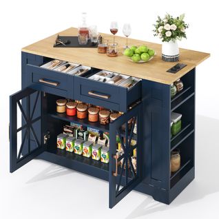 Îlot De Cuisine 120x65x92 Cm Avec 2 Tiroirs, 2 Portes, Roulettes, Rangement, USB, En Mdf, Bleu