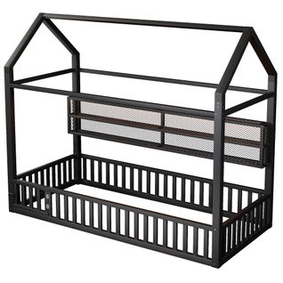 Lit Cabane Enfant 90x200 Cm, Lit Simple Avec Étagères Ouvertes, Garde-corps Et LED, Métal, Noir