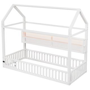 Lit Cabane Enfant 90x200 Cm, Lit Simple Avec Étagères Ouvertes, Garde-corps Et LED, Métal, Blanc