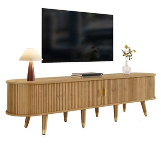 Meuble TV 175x38x45 Cm,2 Portes Coulissantes, 2 Tiroirs Et Compartiments, Mdf Couleur Chêne Naturel