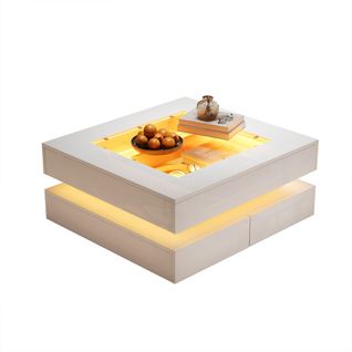 Table Basse blanc brillant 70x70x35 Cm LED, 3 Tiroirs Et Plateau verre trempé, Panneaux Particules