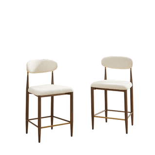 Tabouret De Bar 2 Pièces Confort Tissu Beige Pieds Métal Brun Et Or