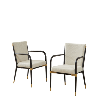 Lot De 2 Fauteuils Salle à Manger Avec Accoudoirs, Tissu Beige, Métal Noir Et Or