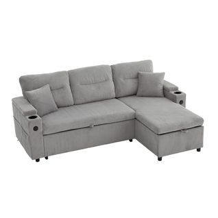 Canapé Convertible 3 Places 212,5×136×86 Cm, Rangement, Porte-gobelets, USB-c, Tissu, Gris Clair