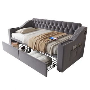 Lit Enfant 90x190 Cm Avec 2 Tiroirs, USB/type-c, Poches De Rangement, En Velours, Gris