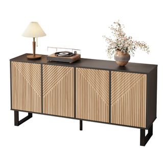 Buffet 160x38x 75 Cm Avec 4 Portes, Façade à Rayures 3d, Rangement, En Mdf, Noir Et Chêne
