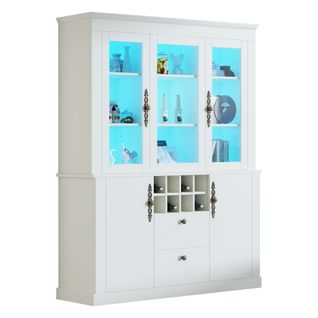 Vitrine 130x37,5x170,5 Cm, 2 Tiroirs, 4 Portes, 8 Étagères à Vin Et LED, Panneaux Particules, Blanc