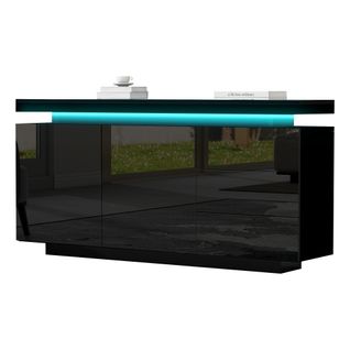 Buffet LED 140 Cm 2 Portes Et 3 Tiroirs Sans Poignée, Aggloméré, Finition Haut Brillant Noir