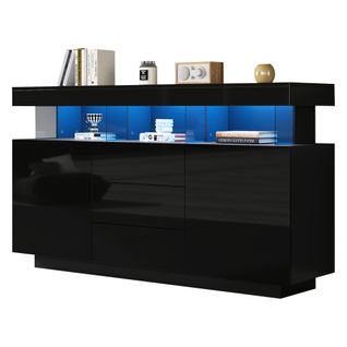 Buffet 140x35x80 Cm 3 Tiroirs Et 2 Portes, Design Moderne Avec LED, En Mdf, Noir