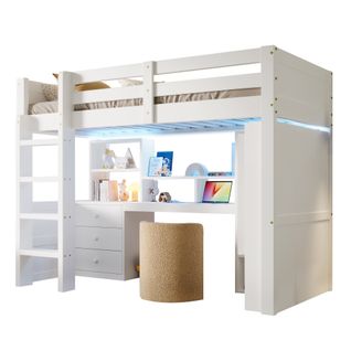 Lit Mezzanine Enfant 90x200 Cm, Lit Simple Avec 3 Tiroirs, Bureau, Armoire Et LED, Bois, Blanc