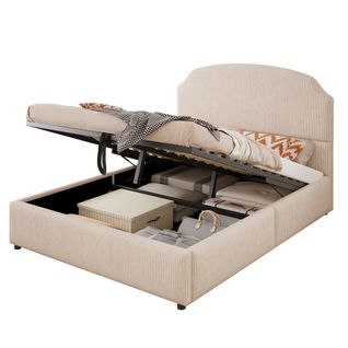 Lit Coffre Adulte 140x200 Cm Avec Rangement , Lit Double Avec Tête De Lit, Velours, Beige