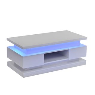 Table Basse Relevable 100x50x40 Cm, LED, 2 Tiroirs Et Rangement Caché, Panneaux Particules, Blanc