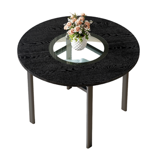Table De Salle à Manger Ronde 100x76 Cm Avec Rangement Verre, Pieds Stables, En Mdf/verre, Noir