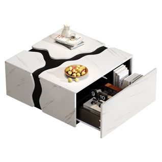 Table Basse 70x70x31 Cm Avec Tiroir, Design Géométrique Effet Marbre, Panneaux Particules, Blanc