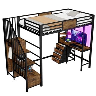 Lit Mezzanine Enfant 90x200 Cm, Lit Simple Avec Étagères, 4 Tiroirs, Bureau Et LED, Métal, Noir