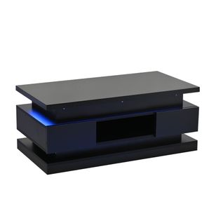 Table Basse Relevable 100x50x40 Cm, LED, 2 Tiroirs Et Rangement Caché, Panneaux Particules, Noir