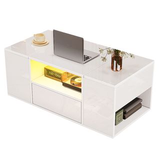 Table Basse Brillante Avec LED, 1 Tiroir, 2 Armoires, Rangements, En Panneau Particules, Blanc