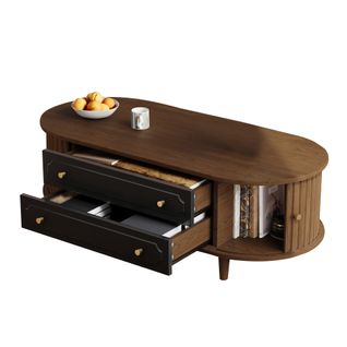 Table Basse Avec 2 Tiroirs, 2 Portes Coulissantes, Poignées, En Panneau Particules, Marron Et Noir