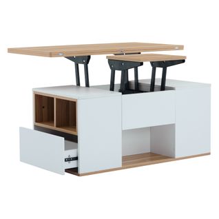 Table Basse Relevable 100x51x47 Cm Avec 2 Tiroirs Et 2 Portes, Panneaux Particules, Blanc