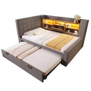 Lit Gigogne 90x200 Cm Avec Tête De Lit Réversible LED Et Rangements Convertible En 180x200 Lin Gris