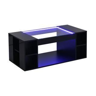 Table Basse Moderne 100x50x40 Cm Avec LED, Plateau En Verre Et Compartiments Ouverts, Mdf, Noir